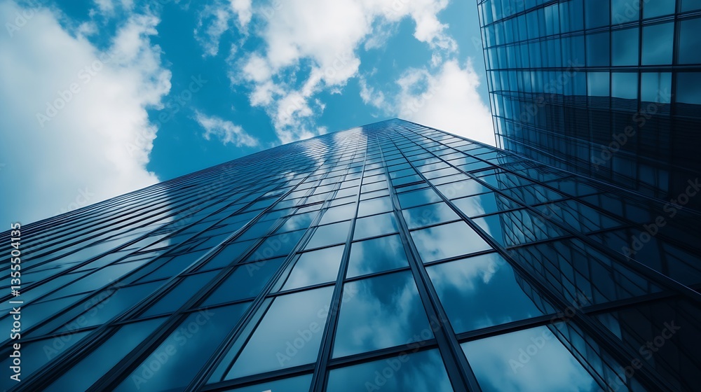 Poster towering skyscrapers reflecting a stunning blue sky with scattered clouds in an urban setting : gene