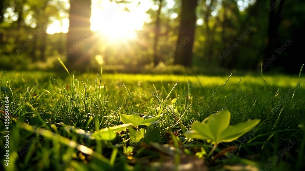 Poster Vivid close up of lush green grass illuminated by sunlight filtering through the trees : Generative AI