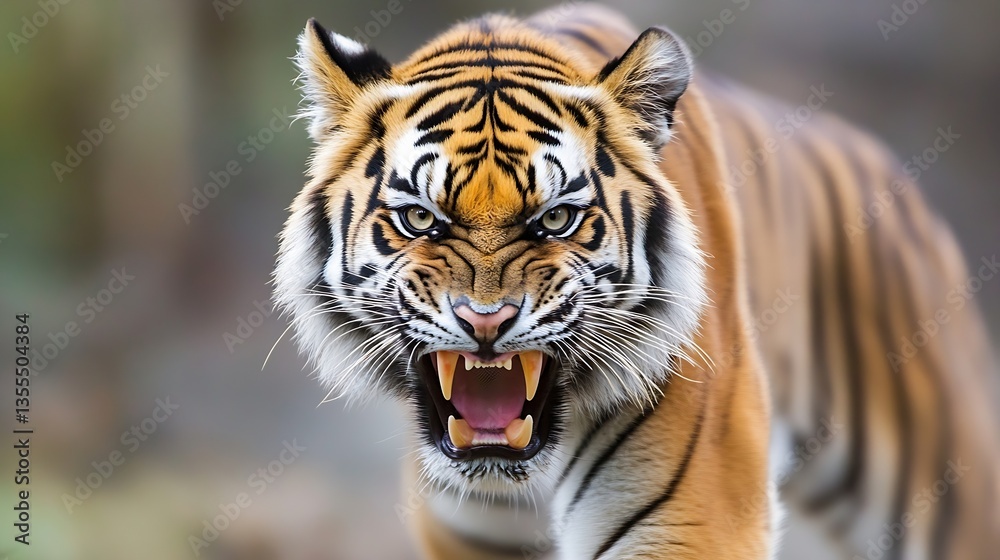 Poster majestic closeup of a fierce tiger showcasing its powerful stance and menacing growl in the wild : g