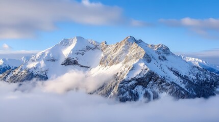 Majestic snow capped mountain peaks emerging from soft clouds in bright sky : Generative AI