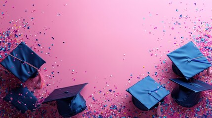 Blue graduation caps on pink with confetti, celebration background