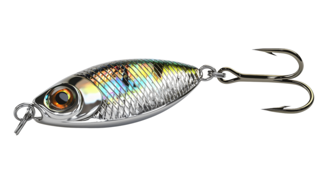 A highly detailed artificial fishing lure shaped like a small fish, with vibrant colors and intricate textures, featuring realistic scales and a treble hook. Isolated on white background.