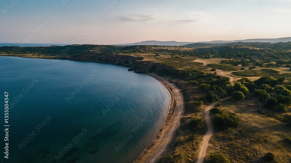 Poster aerial view of tranquil beach with clear blue water and greenery on a sunny day : generative ai