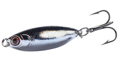 A highly detailed artificial fishing lure shaped like a small fish, with vibrant colors and intricate textures, featuring realistic scales and a treble hook. Isolated on white background.