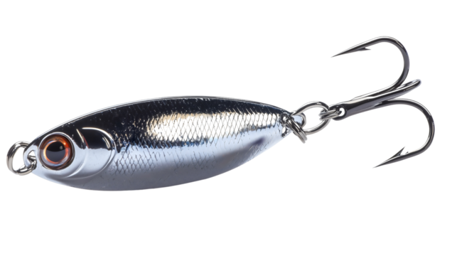 A highly detailed artificial fishing lure shaped like a small fish, with vibrant colors and intricate textures, featuring realistic scales and a treble hook. Isolated on white background. - Powered by Adobe