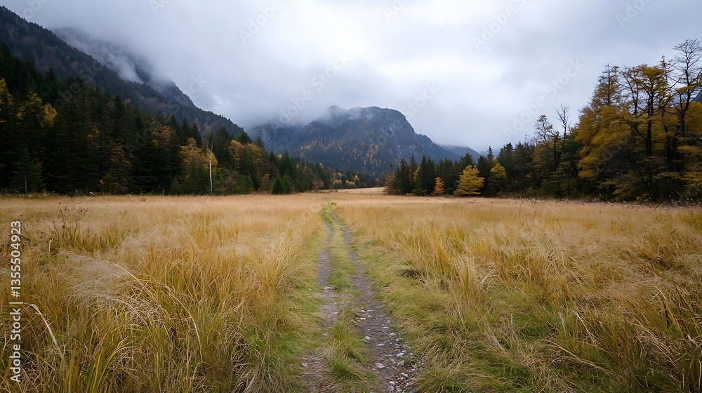 Poster Scenic view of a tranquil meadow surrounded by mountains under a cloudy sky : Generative AI