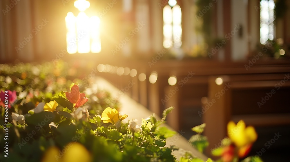 Aufkleber beautiful sunlight streaming into a serene church with colorful flowers in the foreground creating a