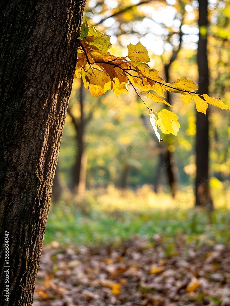 Poster golden autumn leaves captured against a tree trunk in a beautiful sunlit forest : generative ai