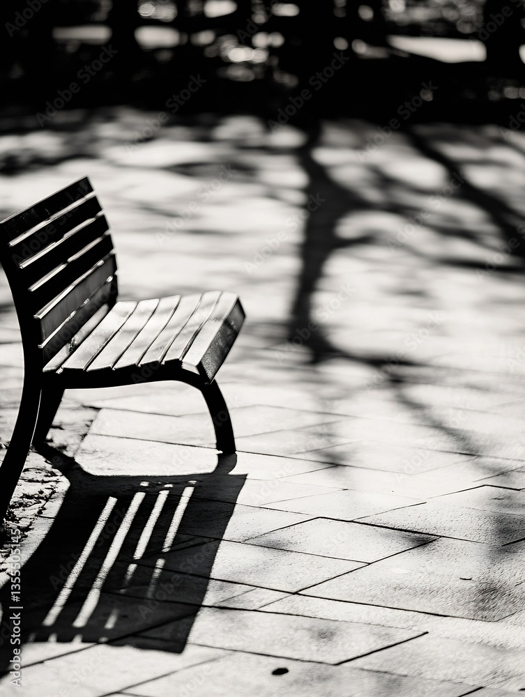 Poster Artistic Shadows of a Wooden Bench on a Sunlit Pavement Creating Intricate Patterns : Generative AI