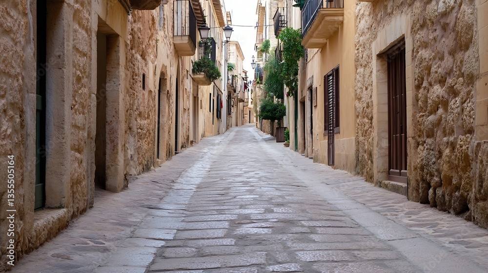 Poster quiet cobblestone street lined with charming stone buildings in a picturesque village setting : gene