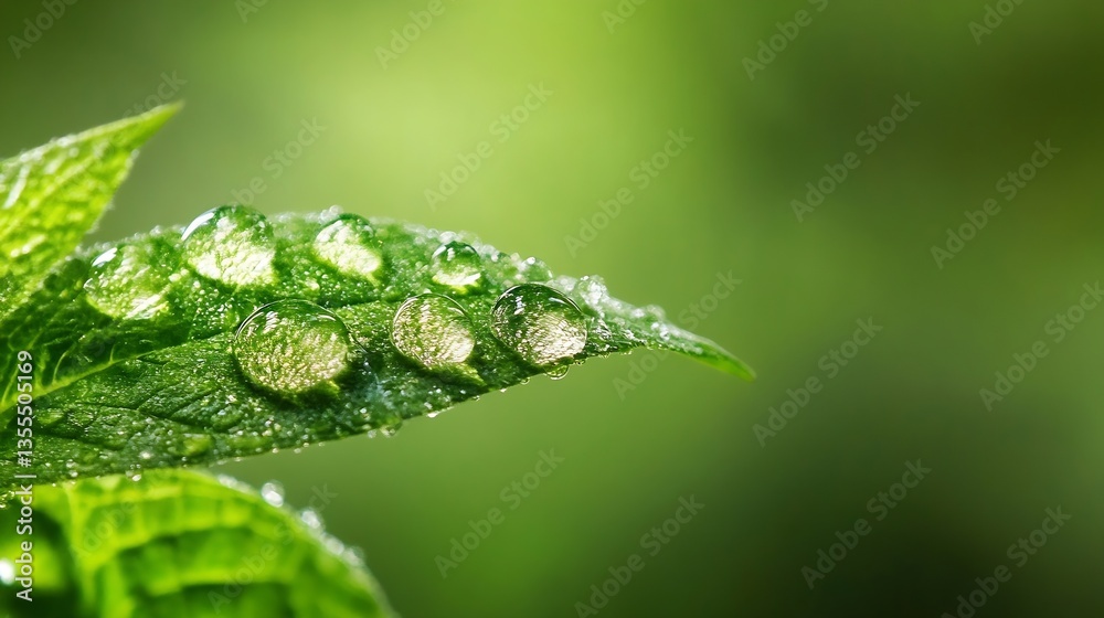 Poster macro shot of fresh green leaf covered in droplets of water reflecting soft light in nature : genera