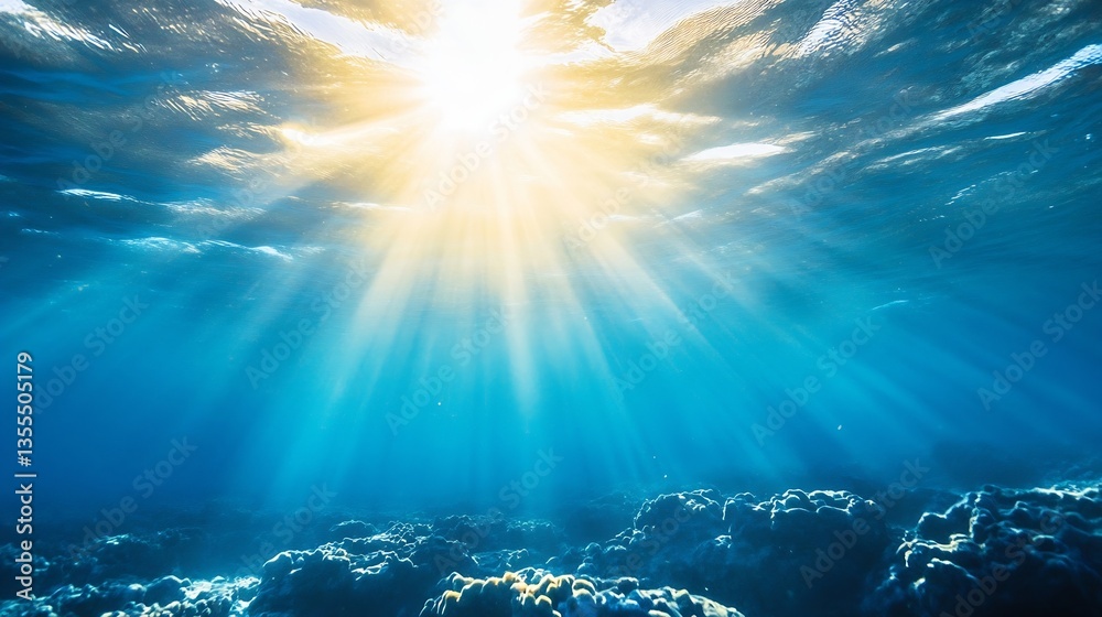 Poster Underwater View of Bright Sunbeams Shining Through Waves Creating a Beautiful Ocean Scene : Generative AI