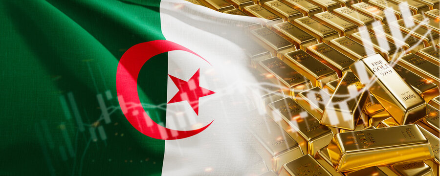 Gold bars with Algerian flag. Chart simply precious metals stocks. National foreign-exchange reserve banking economy system. Golden reserve. 3d image