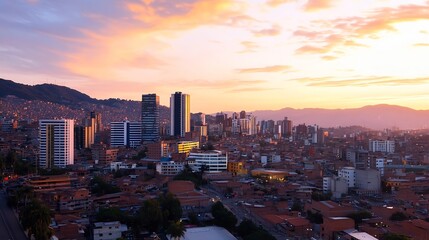 Obraz premium Stunning Sunset Over a Bustling Cityscape Captured in Vibrant Colors : Generative AI