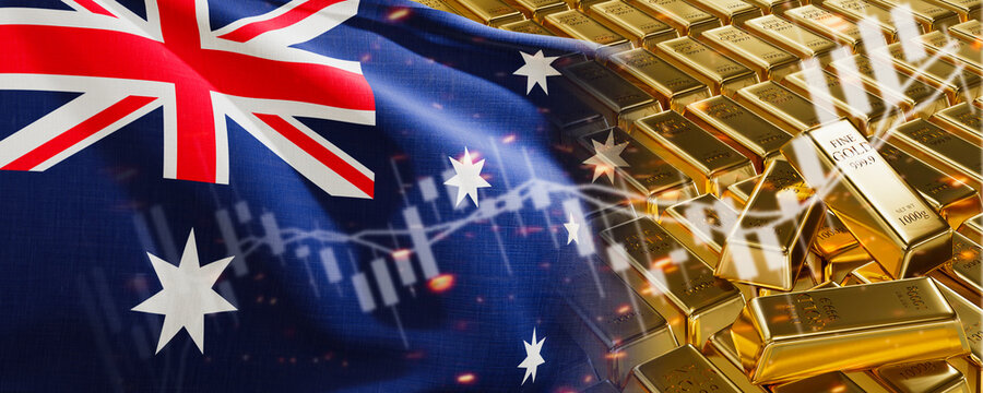 Gold bars with Australia flag. Chart simply precious metals stocks. National foreign-exchange reserve banking economy system. Golden reserve. 3d image