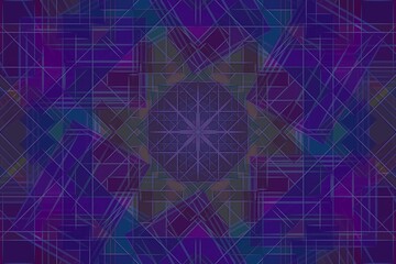 Geometric Kaleidoscope Pattern with Abstract Lines and Shapes in Purple and Blue Tones. Intricate geometric abstraction featuring overlapping lines and triangles in a symmetric arrangement. 