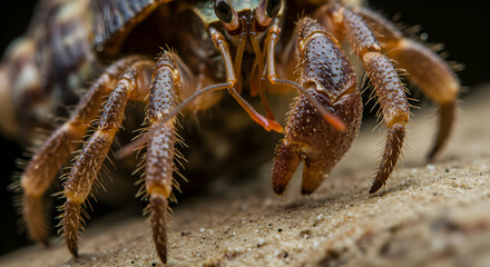 Hermit Crab Close Up Exploring a Sandy Beach Looking Forward