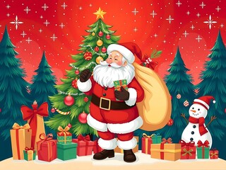 Fototapeta premium Santa Claus with Christmas Tree and Gifts, Merry Christmas Scene with Santa, Snowman, and Gift Boxes in Winter Wonderland, Santa Claus with Christmas Gifts and Decorated Tree – Festive Holiday Art