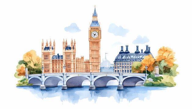 London autumn, Big Ben, Parliament, bridge, river. Travel guide illustration