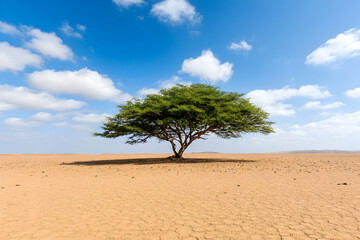 Lone acacia tree desert landscape, sunny day, travel poster