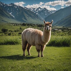 Fototapeta premium Llama Grazing in an Andean Mountain Meadow