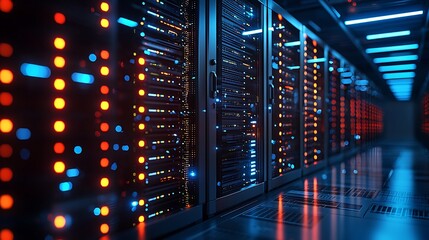 Illuminated server racks in a modern data center.
