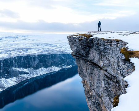 Lone hiker on snowy cliff overlooking fjord, winter landscape