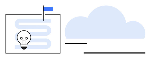 Lightbulb next to wavy document with small flag and cloud in minimal flat style. Ideal for innovation, strategy, goal-setting, digital collaboration, creativity, brainstorming, leadership flat simple