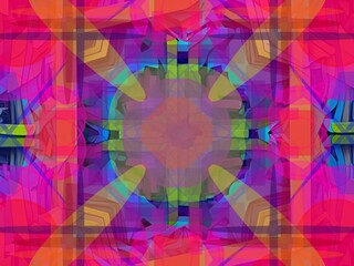 Colorful abstract artwork featuring overlapping geometric shapes and a symmetrical kaleidoscope. The composition is intricate, with layered patterns and sharp angles creating a dynamic visual effect