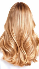 Naklejka premium Long blonde hair, wavy style, white background, beauty salon