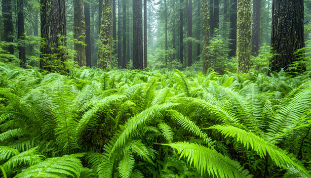 Lush ferns in misty redwood forest; nature background