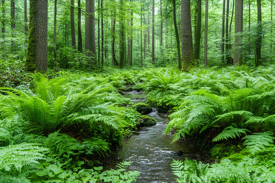 Lush ferns line a stream in a dense forest
