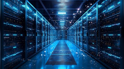 Futuristic server room with glowing data streams.