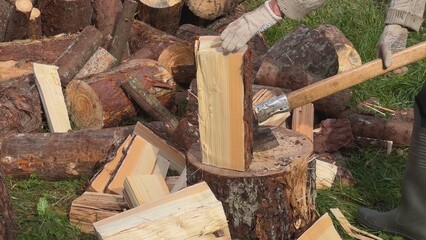 Lumberjack splitting firewood with axe on chopping block