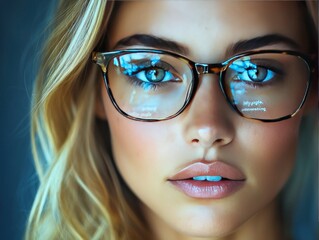 Close-up portrait of a woman with blonde hair and glasses.  Her gaze is direct and engaging