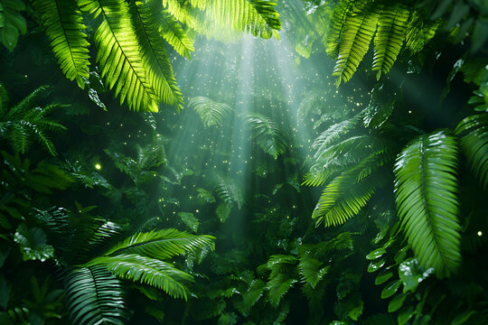 Lush rainforest, sunlight beam, fireflies, tranquility, nature background