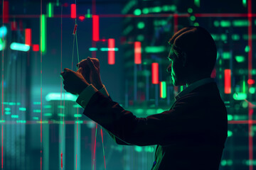 Silhouette of a man in front of a glowing cityscape, surrounded by illuminated digital red and green code patterns, creating an enigmatic and dynamic representation of data, technology, and urban life