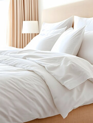 Luxurious white bedding in bedroom, morning light