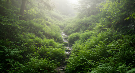 Obraz premium Hiking Trail Through Lush Green Ferns and Foggy Forest Landscape