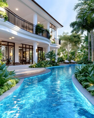 Fototapeta premium Luxury villa poolside, tropical garden, sunny day, real estate