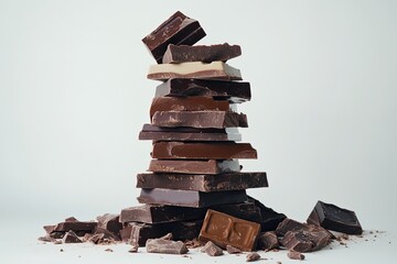 Towering stack of assorted chocolate pieces.  Pieces of dark, milk, and white chocolate layered high, with scattered broken pieces at the base