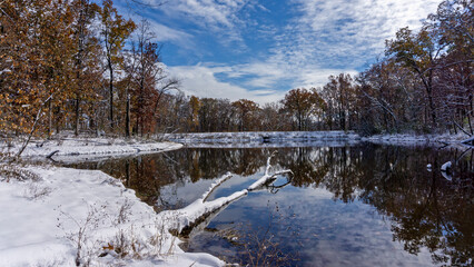 A lake at Quail Ridge Park in Wentzville, Missouri during wintertime