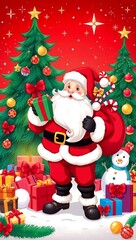  Santa Claus with Gifts, Christmas Celebration, Festive Holiday Illustration, Santa Claus with Gift Sack and Christmas Tree - Festive Holiday Scene, Merry Christmas Vector - Santa Trees Background