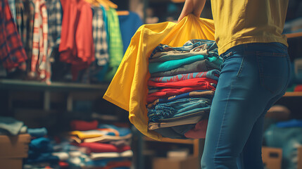 Fototapeta premium A person carries a large pile of folded clothes in a yellow bag. The background shows a closet full of clothing. The image depicts organization or donation.