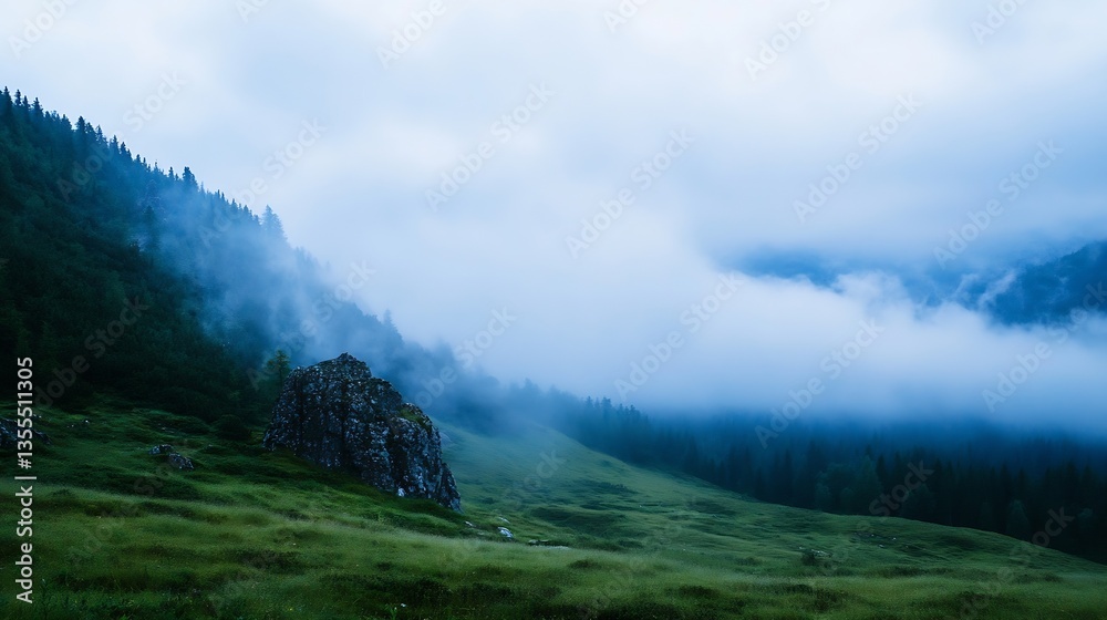 Poster misty mountain landscape with lush greenery and clouds creating a serene peaceful atmosphere in natu