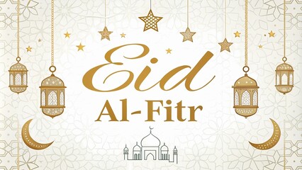Celebrate Eid Al-Fitr with this beautiful design featuring golden lanterns, stars, crescent moons, and an intricate mosque illustration