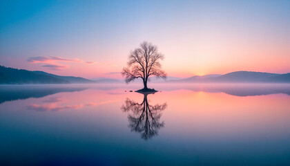 Fototapeta premium Serene tree reflecting on tranquil lake at sunrise 