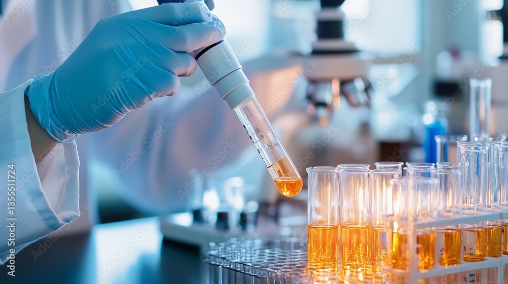 Poster Scientist conducting an experiment in a lab using glass pipette with colorful liquids in test tubes : Generative AI