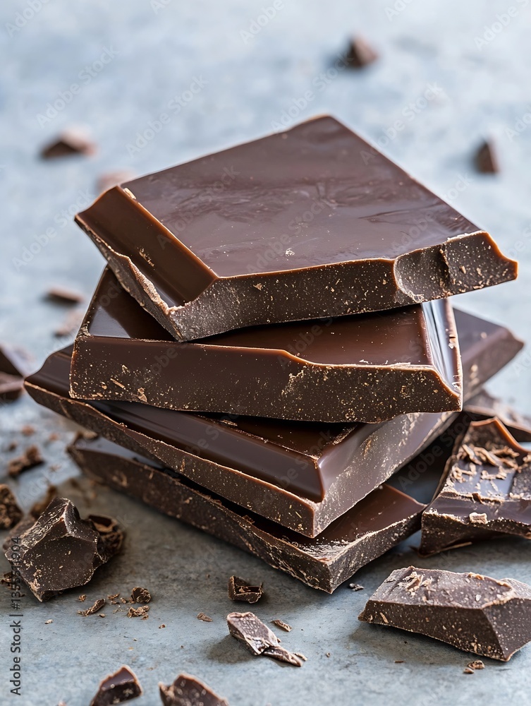 Poster stacked gourmet dark chocolate bars on a gray background with shavings of chocolate around : generat