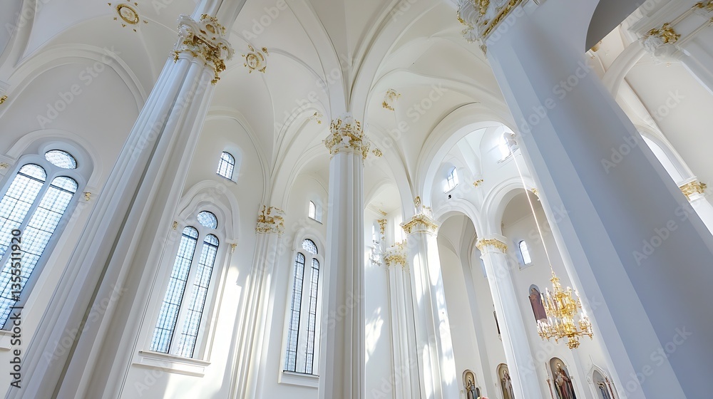 Poster interior view of a grand architectural structure featuring tall white pillars and intricate details 